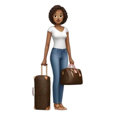 woman holding louis Vuitton travel bag with wheels sticker
