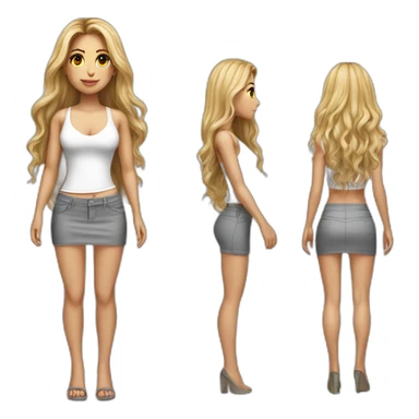 hyperrealistic shakira, long straight hair, white deep v-neck crop tanktop, gray tight mini skirt, frontal body view sticker