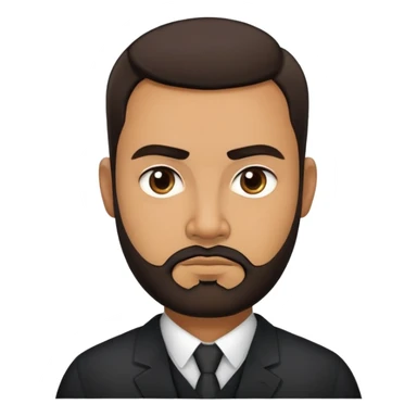 Heavier-set producer with light brown skin, pear-shaped face, full cheeks, serious dark eyes, thick eyebrows, wide nose, confident expression, short well-groomed beard, very short dark hair, wearing a black dress shirt sticker