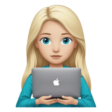 blonde long hair girl using macbook emoji. she has blue eyes and dark coffee shirt with Teal coloured accesory sticker