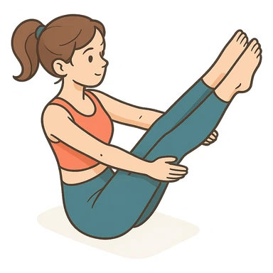 girl in cute yoga outfit performing boat pose (Navasana), 2D isometric style, very detailed drawing, shadows and highlights, clean contours, soft lighting, transparent background sticker