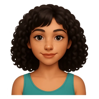 Make the hair wavy and black, with bangs more on the right side. Change the skin tone to almond. Keep the expression warm, friendly, and calm, with freckles and a glowing complexion. Preserve the transparent background. sticker