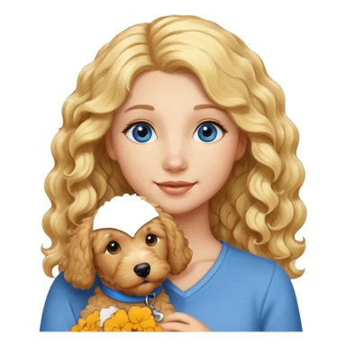 Long blonde hair, blue eyed woman with wavy blond goldendoodle sticker