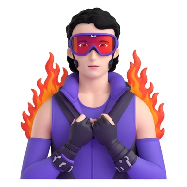 male athlete with white skin and moderately curly black hair on top with shaved sides, wearing ski goggles with purple frames and very dark black lenses, a simple plain black chain necklace, and a completely unzipped sleeveless vest with purple and black sequin fire pattern design, fully revealing his chest, shoulders and arms, no earrings sticker