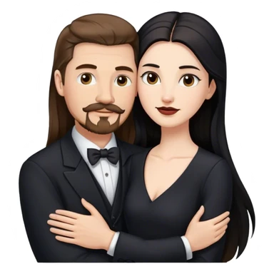 tall white man with brown hair goatee mustache hugging a pale woman with long black hair, wearing formal clothing sticker