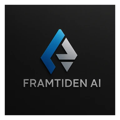 sleek, modern logo for 'Framtiden AI', geometric shapes, blue and silver tones, high-tech feel sticker