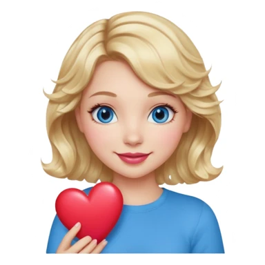 Girl Blonde short wavy hair,  blue eyes, cute blue top, long lashes, pink lips, smiling, holding a big heart sticker