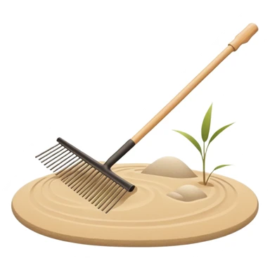Minimalist emoji of a Japanese zen garden rake, elegant thin lines, light wood tone, sand-beige palette, flat vector style, calm and balanced aesthetic, inspired by zen tranquility, transparent background, premium minimal design sticker