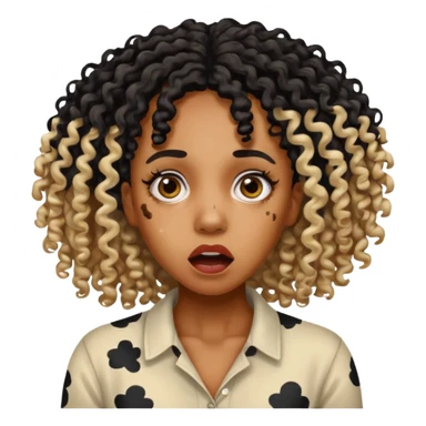 Emoji of a very shocked black female with vitiligo (alot of vitiligo patches) give her more curly hair sticker