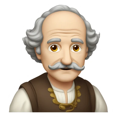 Short pudgy old man over enthusiastic face bald forehead long wavy gray and brown brunette long wavy hair moustache Shakespearean dress vintage clothes hamlet sticker
