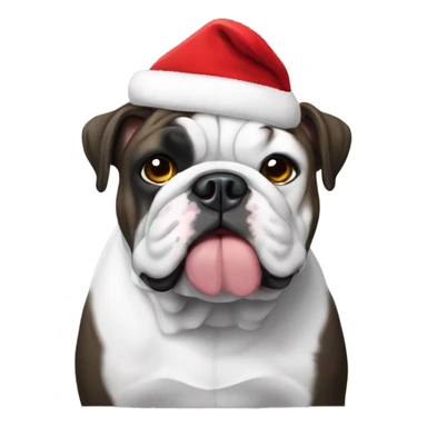 Black and white English bulldog. Wearing a Santa hat sticker