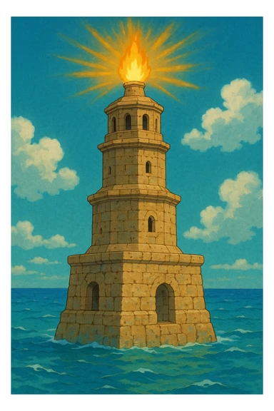 A three-tiered ancient tower with a squared base, octagonal middle, and cylindrical top. The tower has a stone texture with slight cracks and wear, showing its ancient but not ruined state. Each level has small windows or arches. At the top, there is a glowing fire or torch with gold/yellow and orange rays. The base of the tower is surrounded by blue waves lapping at it. The color palette consists of sandstone (beige/tan) for the tower, turquoise/blue for the sea, and warm gold for the fire. The style should be vibrant and detailed, capturing the essence of an ancient beacon by the sea. sticker