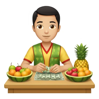 chico piel clara pelo negro con ropa de frutero sentado en una mesa contando mucho dinero sticker