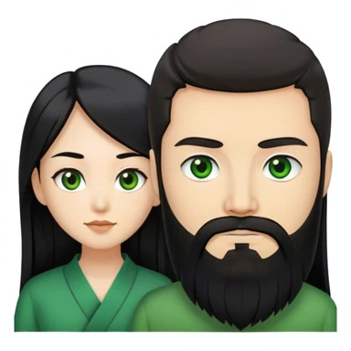 Asian woman with black long hair, brown eyes together with a white guy who has black beard, green eyes  sticker