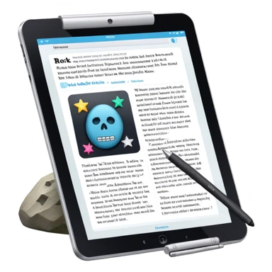 Create an emoji representing fanfiction writing. The design should feature a tablet with a screen displaying images of rock and movie stars, symbolizing the inspiration from popular culture. Next to the images, there should be visible text representing the fanfiction being written. A stylus should be placed near the tablet to emphasize the act of writing. Use a creative and expressive color palette with vibrant and neutral tones. Do not include any emojis or smiley faces. Make the background transparent. sticker