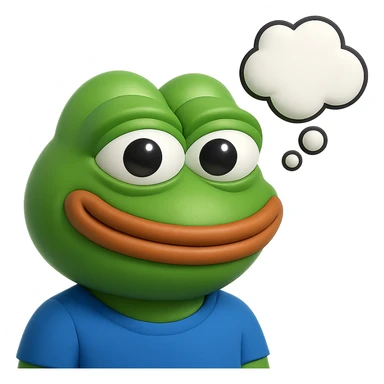 make a pepe in bright green smiling and looking straight at the camera with thought bubble looking at right right in 3d style, good highlights and shadows, drop shadows sticker