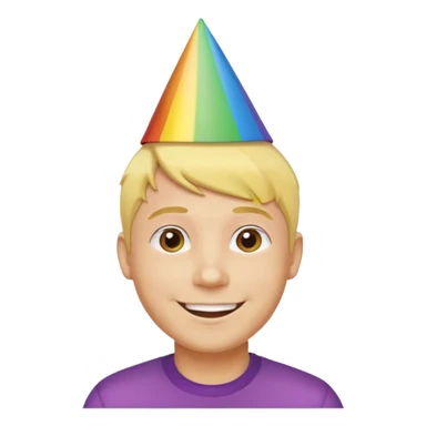 man, short yellow hair, rainbow birthday hat, happy sticker