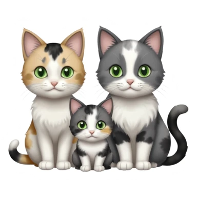 3 different coloured small cats including a dark grey and white, and a patchy calico and a completely solid dark grey with green eyes and only white paws sticker