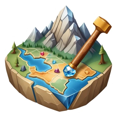 An icon featuring a rock hammer, a fossil, and a geological map, symbolizing geology. The design includes layers of the Earth, a crystal, and a mountain range, representing the study of Earth's structure, materials, and natural processes. Transparent background highlights geological research sticker