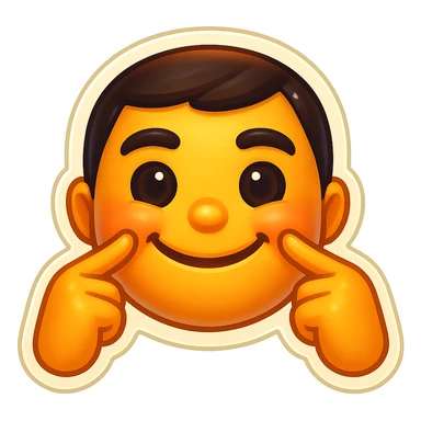 Create a playful emoji-style face inspired by the reference image pose: two hands, each with one index finger pressing on each cheek. The expression should be friendly, confident, cute, happy, and positive. Do not include tongue out or any sad or self-deprecating emotion. sticker