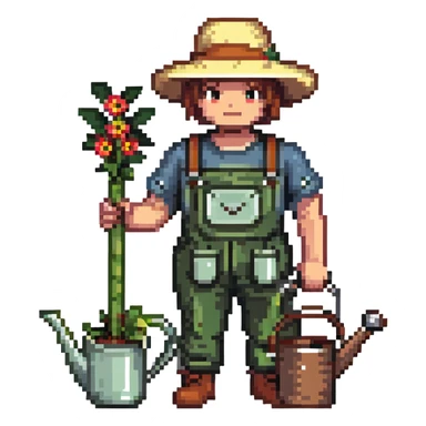 gardener character with straw hat, watering can, and gardening tools sticker