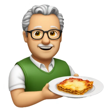 fat middle aged italian man with grey comb-back hair and glasses holding a plate of lasagna sticker