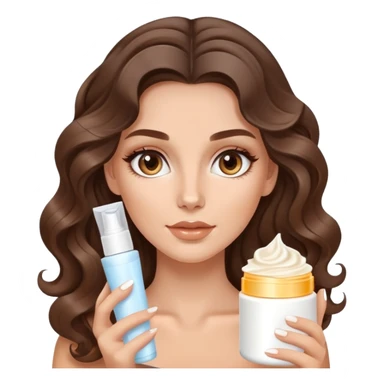 beautiful brunette with a light balayage white girl with nice curls/defined waves, very long hair, clean girl makeup APPLYING A FACE CREAM FOR SKINCARE sticker