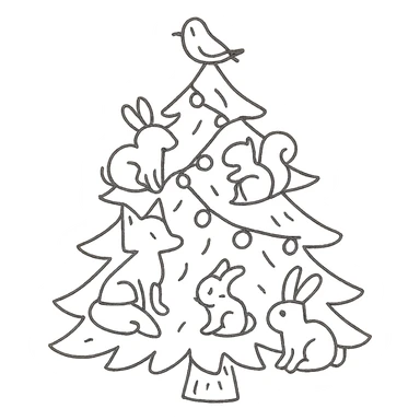 pine tree decorated with soft woodland critters including bunnies, foxes, squirrels, and birds in a soft hand-drawn style sticker