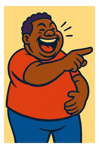 a fat black man pointing and laughing, colorful, exaggerated expression, vibrant toon style sticker