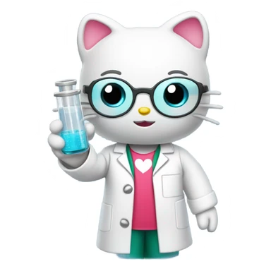 Hello Kitty wearing a tiny lab coat and goggles, holding a test tube sticker