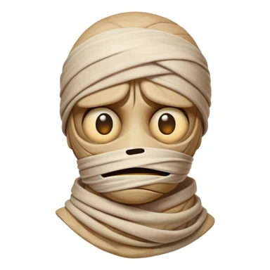 Cinematic Comical Mummy Portrait Emoji, with a humorously disheveled, oversized bandaged form in warm, faded hues, head cocked in a dramatically shocked expression with comically wide eyes peeking through the bandages, simplified yet hilariously expressive, highly detailed with a soft glowing outline that captures the absurd charm of an ancient mummy in playful astonishment! sticker