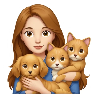 Woman with long brown hair holding a golden retriever dog and three cats sticker