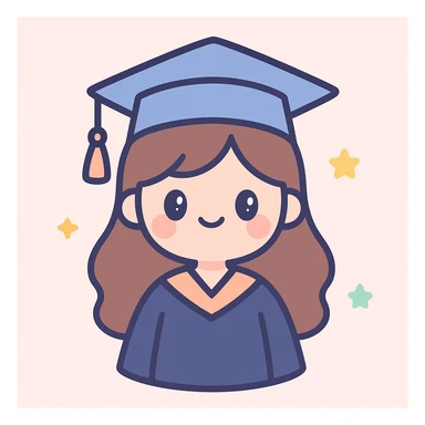 girl with long brown hair smiling wearing graduation hat and robe, cute cartoon style sticker