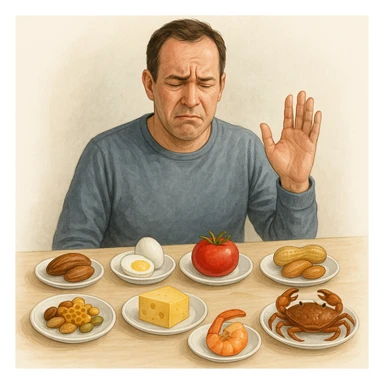 A 40-year-old man suffering from food intolerances, inspired by the reference image, sitting at a table with plates of forbidden foods in front of him, showing a discomforted expression. Realistic or illustrative style with a light background. sticker