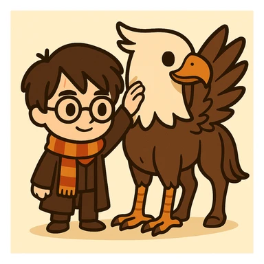 Full body cute, cartoon, simplified style illustration of Harry Potter petting a hippogriff beside him. Harry has round glasses, a lightning scar on his forehead, dark brown hair, a striped scarf, and Hogwarts robe, without a wand. The hippogriff is larger than Harry, with a horse body, eagle head and wings, with proportional and clearly visible wings. The illustration has bold black lines and soft colors, in a cute cartoon style. sticker