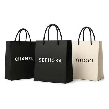 three shopping bags, featuring Sephora and two other designer brands, stylish and premium appearance sticker