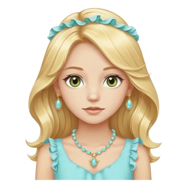 girl with long styled straight-wavy light golden-yellow blonde hair, light hazel-green eyes, pale peach skin, wearing a fancy ruffled light pastel aqua-blue top and expensive light golden jewelry sticker
