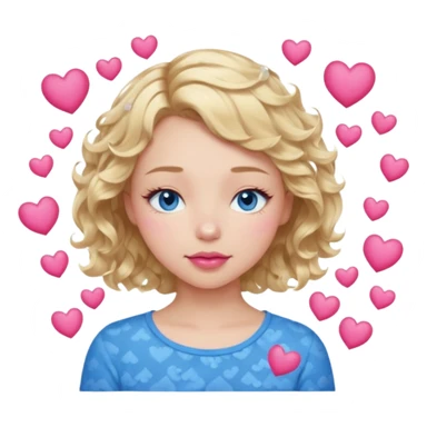 Girl Blonde short wavy hair,  blue eyes, cute blue top, long lashes, pink lips, sleeping eyes closed, hearts floating  sticker