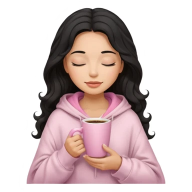 hispanic woman, black long wavy hair , closed eyes, feminine face, holding soft pink coffee cup wearing white Hoodie with pink blanket over shoulders sticker