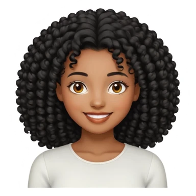 a young woman.She has voluminous, curly black hair long that frames her face beautifully. Her skin tone is black light and glowing, and she has a subtle, natural makeup look. She’s smiling softly at the camera. She is wearing a white top sticker
