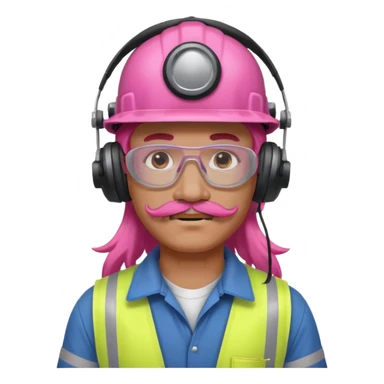 construction worker with long pink hair and ppe headphones and mustache sticker