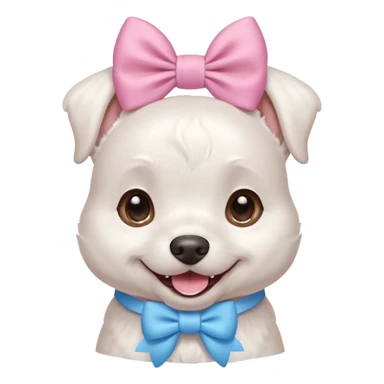 a cute white dog wearing a pink blue pastel bow on his head while he smiles excitedly sticker