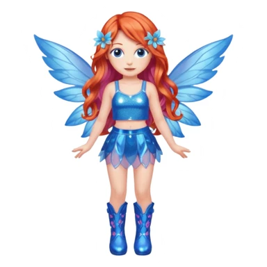Bloom’s season 1 fairy form features long wavy red-orange hair, blue eyes, a sparkly blue crop top and mini skirt, translucent pink and blue wings and high blue boots  sticker