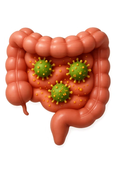 emoji stile iphone in 3d di intestino realistico con infezione e batteri dentro, iperrealistico 4k sticker