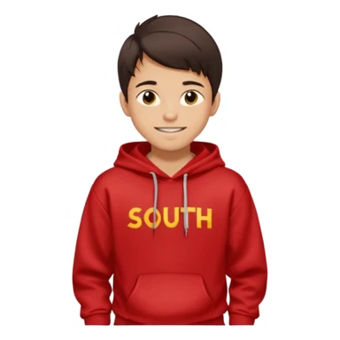 make me an emoji of an americain 15 yearold boy in a red hoodie that says "south" on it and give him with tan skin with his hands in his pockets with the sleevs pulled up grining with a jaw line sticker