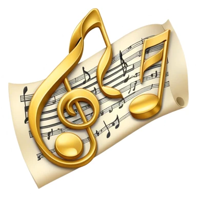 Create a bright and artistic emoji that represents music composition. The design should feature musical notes, a pencil or quill, and a sheet of music, symbolizing the creative process of composing a song. Add a touch of elegance with flowing lines to represent melody and rhythm. Use gold or silver tones for sophistication, and incorporate a mix of vibrant colors to convey creativity. The background should be transparent. sticker