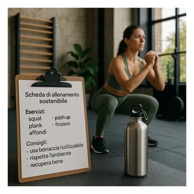 Add Italian text on a sheet or tablet in the scene with the following content: 'Scheda di allenamento sostenibile', 'Esercizi: squat, push up, plank, trazioni, affondi', 'Consigli: usa borraccia riutilizzabile, rispetta l’ambiente, recupera bene'. Maintain a hyperrealistic style, 4K resolution, with a modern and sustainable gym atmosphere. sticker
