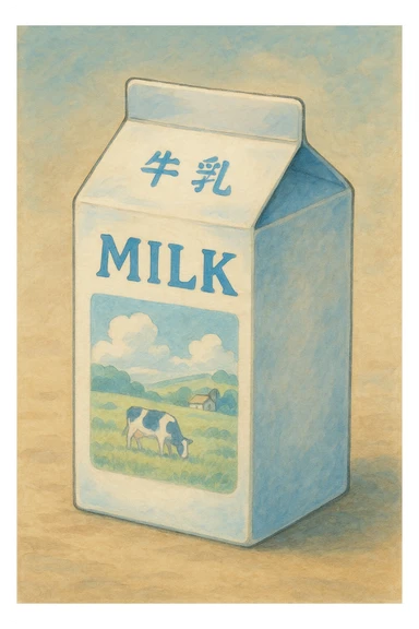 milk carton, soft shading, gentle colors, white and blue sticker