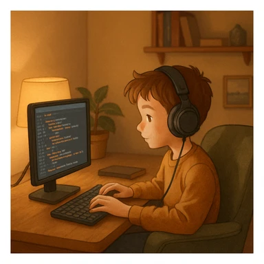 a boy wearing headphones, coding at a computer in a cozy room, soft lights, comfortable chair, cozy and relaxed atmosphere sticker