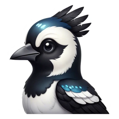 Cinematic Cute Magpie Portrait Emoji, Head tilted playfully and inquisitively, featuring a compact, elegant form with glossy, contrasting black and white feathers and round, sparkling eyes full of playful charm, Simplified yet irresistibly adorable features, highly detailed, glowing with a warm, inviting glow, high shine, affectionate and lively, stylized with a touch of whimsical urban flair, soft glowing outline, capturing the essence of a mischievous yet endearing magpie that seems as if it could flit out of the screen into your arms! sticker